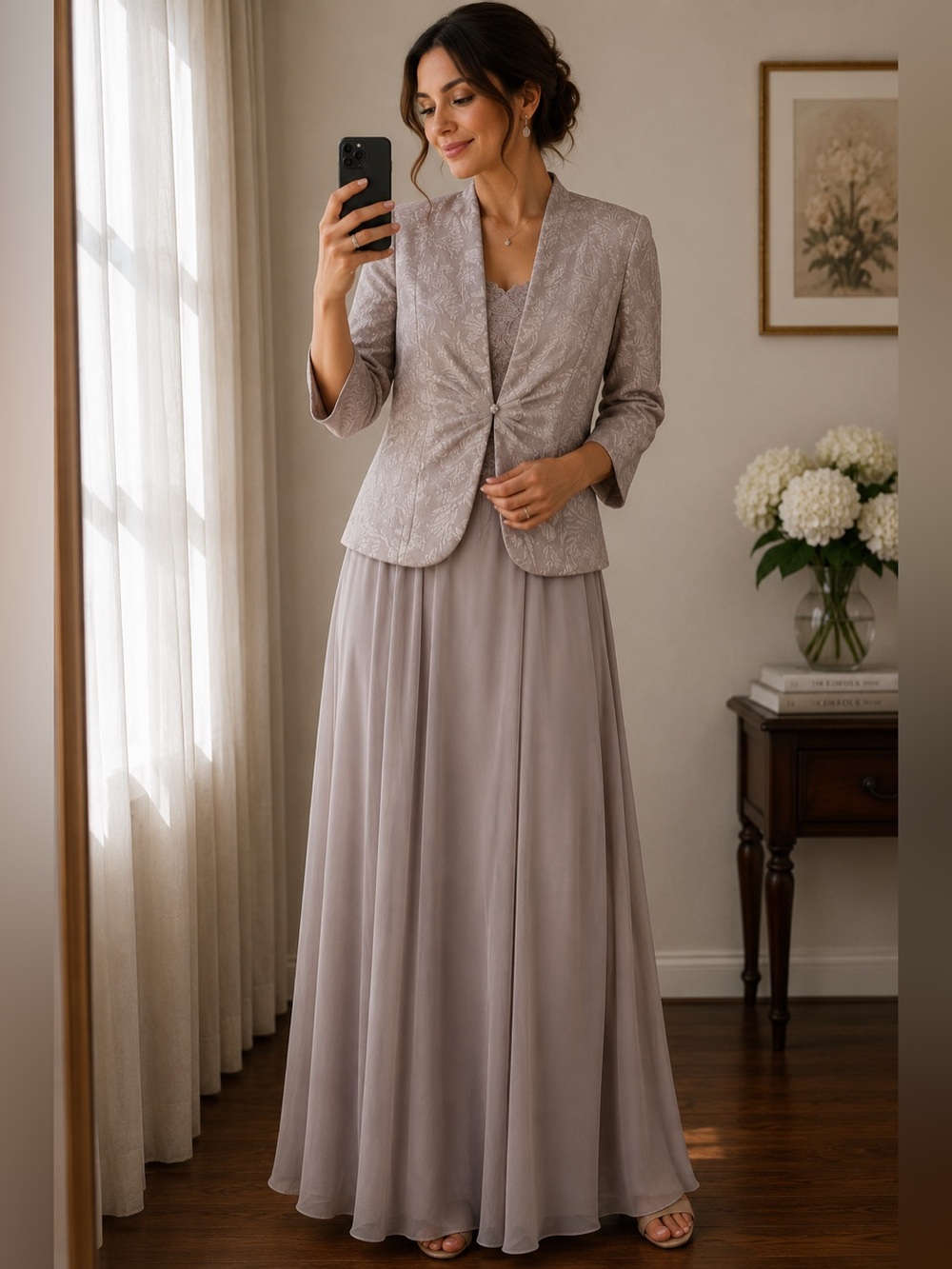 Alex Evenings Dusty Blush Two-Piece Embroidered Jacket Maxi Dress